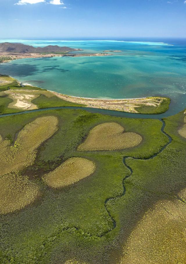 ニューカレドニアのラグーンを眺めながら、ヴォーの中心部とマングローブの湿地帯の上空を飛ぶ。